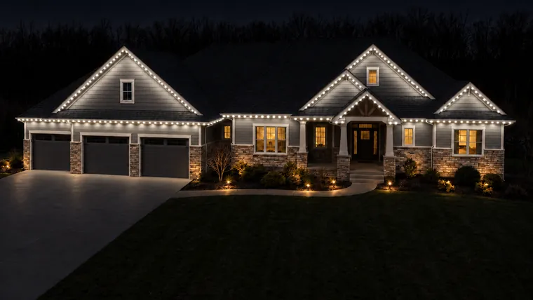 A home at night with every roofline bulb driven to full bright white, lighting the whole frontage