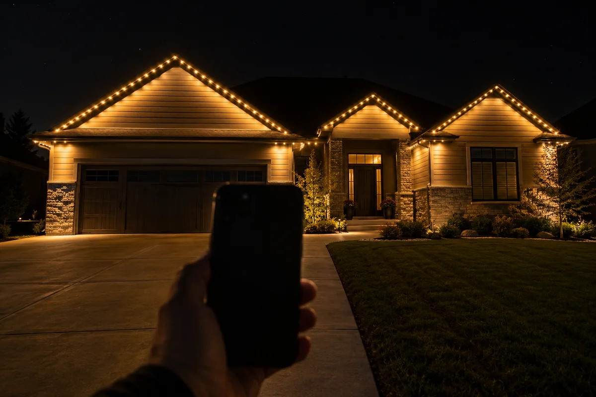 A hand holding up a phone in a driveway at night, seen from behind so the screen is turned away, with the lit house sharp in the background