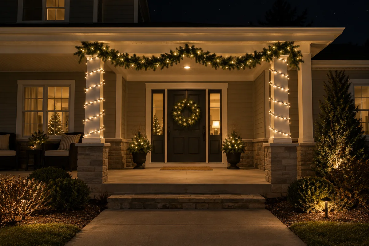 A covered front porch at night dressed for Christmas, with a lit garland on the beam, both columns wrapped and a lit wreath on the door