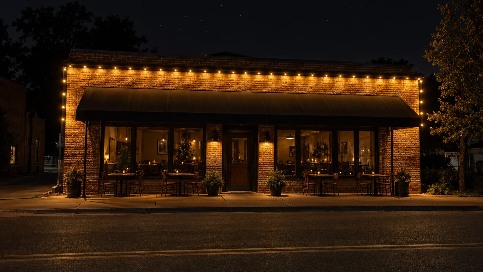 A small brick restaurant at night on a main street, its roofline lit warm white, the brick washed amber and tables under the awning