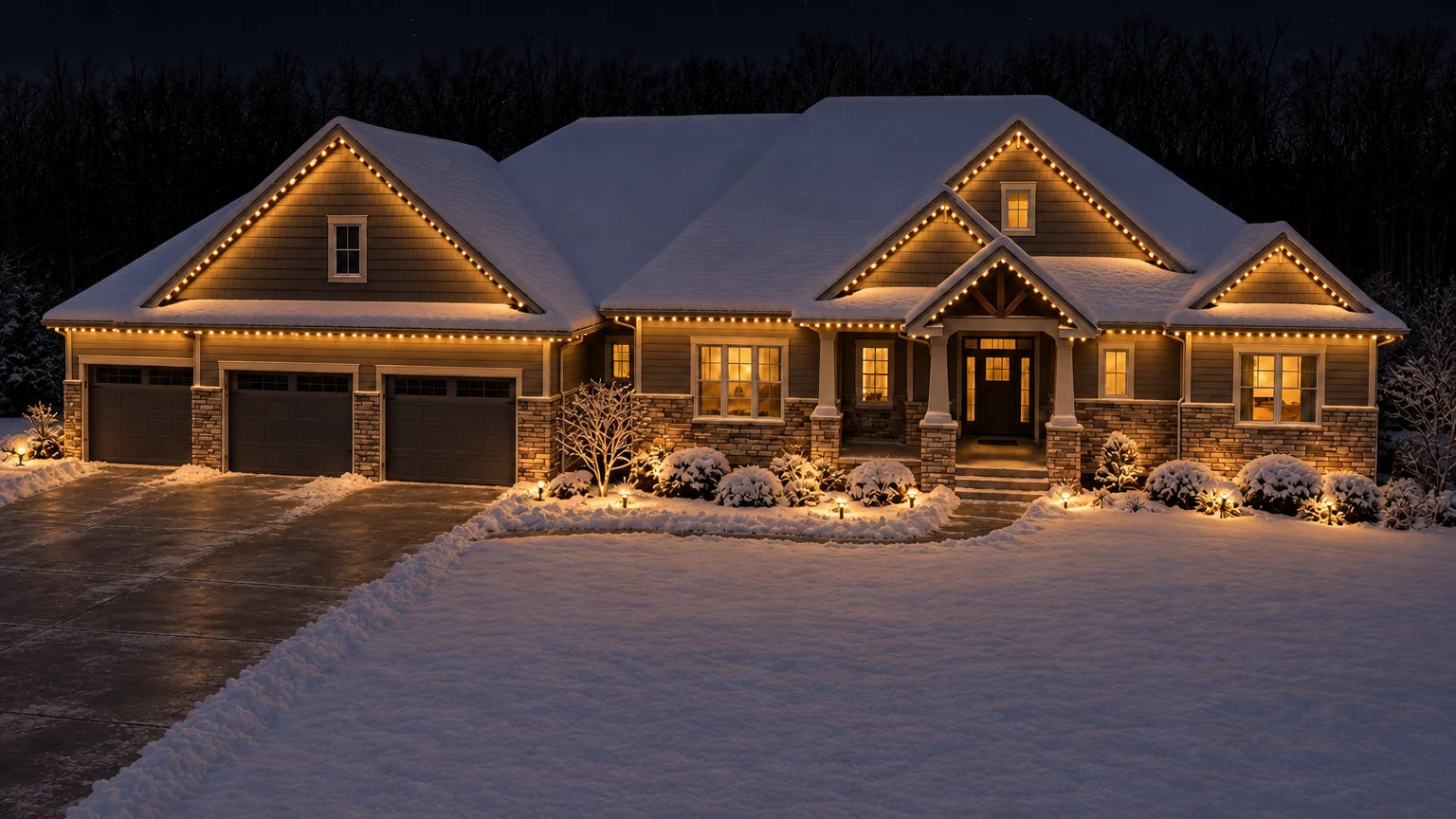 A home lit warm white at night under settled snow